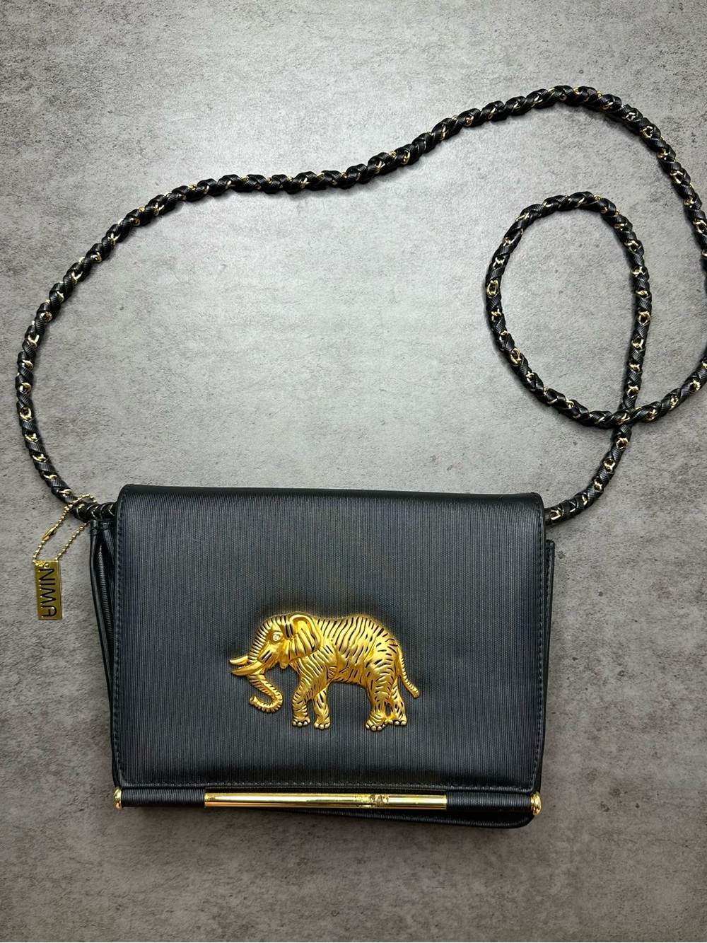 Vintage Nima Black & Gold Elephant Crossbody Shoulder Bag